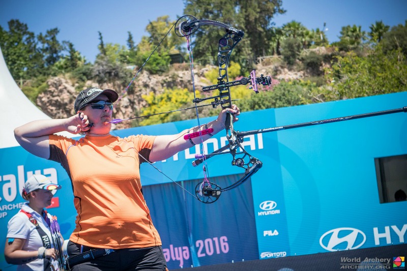 Your release hand will follow a slightly downward path back toward your face, and your rear shoulder should rotate into your back as the bowstring comes farther back. Photo Credit: World Archery